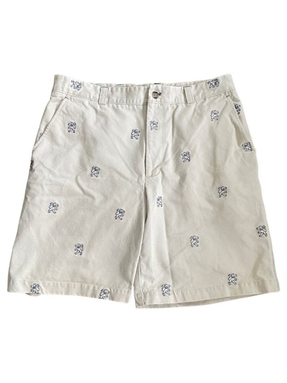 J. McLaughlin Chino Khaki Cotton Shorts Men's Sz 34 Lion Motif Embroidery Preppy